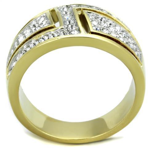 TK1845 Two-Tone IP Gold Stainless Steel Ring featuring a clear top-grade crystal centerpiece, showcasing elegance and durability.