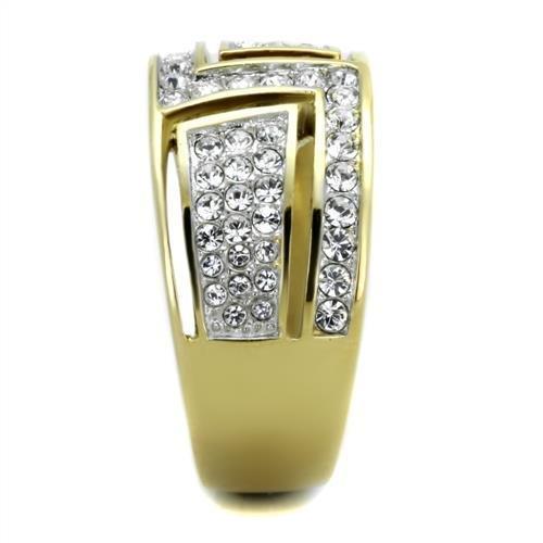 TK1845 Two-Tone IP Gold Stainless Steel Ring featuring a clear top-grade crystal centerpiece, showcasing elegance and durability.