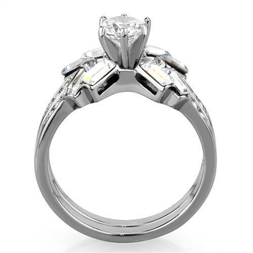 TK1856 High Polished Stainless Steel Ring featuring a clear AAA Grade CZ stone, showcasing its elegant design and shiny finish.