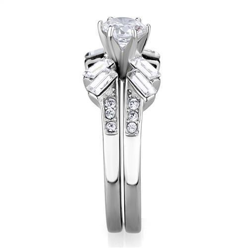 TK1856 High Polished Stainless Steel Ring featuring a clear AAA Grade CZ stone, showcasing its elegant design and shiny finish.