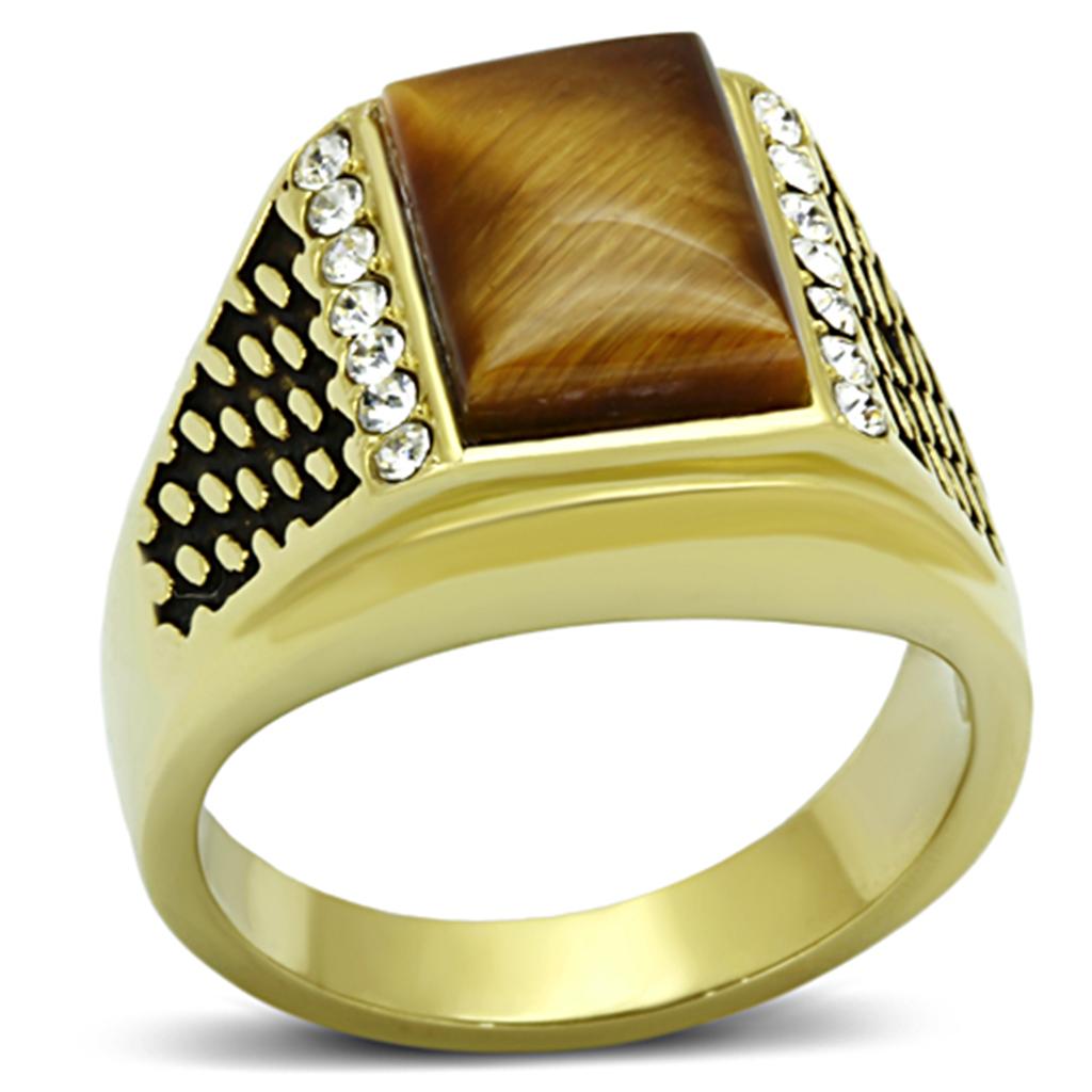 TK1187 IP Gold Stainless Steel Ring featuring a synthetic Tiger Eye stone in topaz color, showcasing its elegant design and durable material.