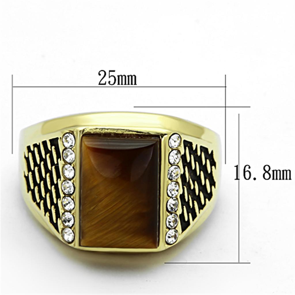 TK1187 IP Gold Stainless Steel Ring featuring a synthetic Tiger Eye stone in topaz color, showcasing its elegant design and durable material.