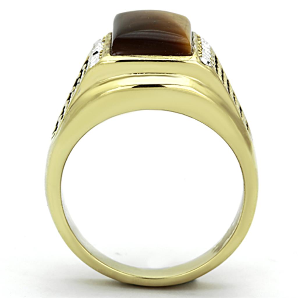 TK1187 IP Gold Stainless Steel Ring featuring a synthetic Tiger Eye stone in topaz color, showcasing its elegant design and durable material.