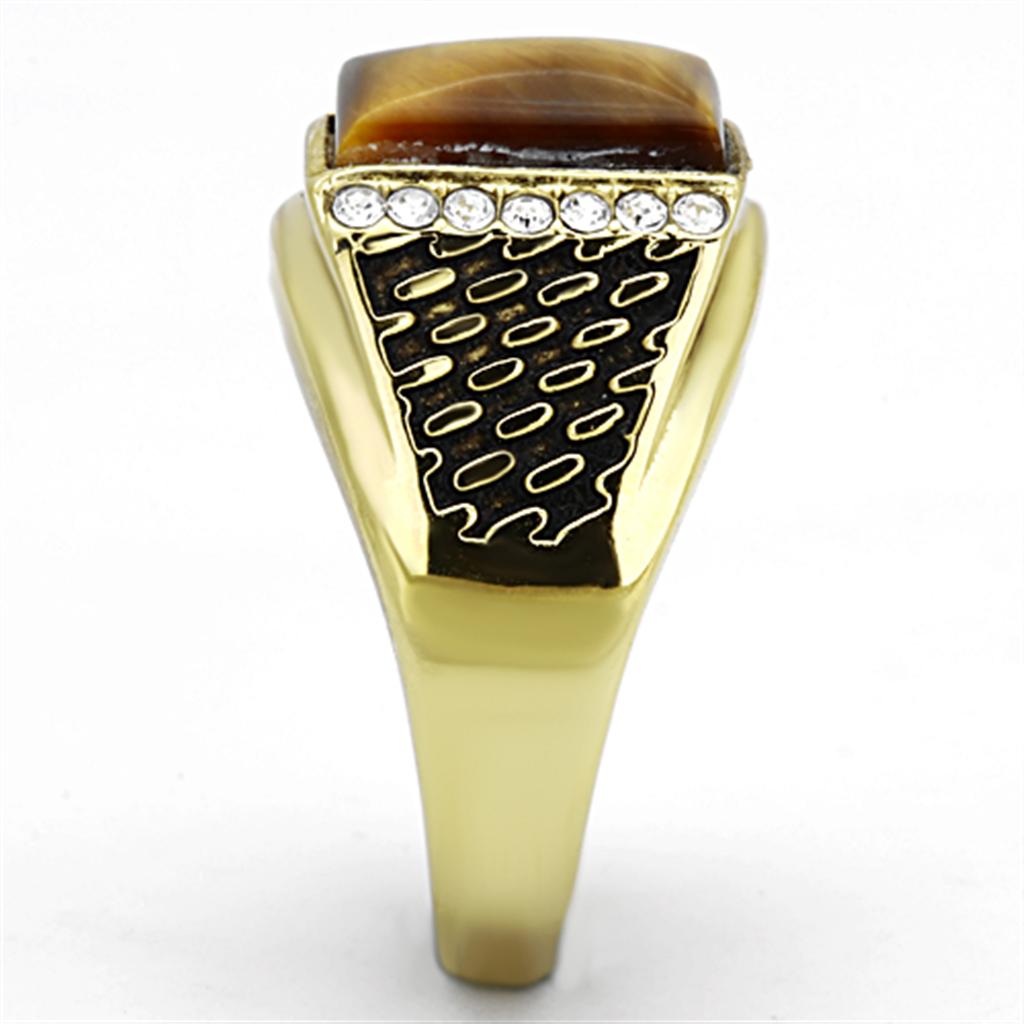 TK1187 IP Gold Stainless Steel Ring featuring a synthetic Tiger Eye stone in topaz color, showcasing its elegant design and durable material.