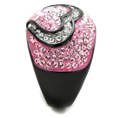 TK1871 Two-Tone IP Black Stainless Steel Ring featuring a light rose top-grade crystal centerpiece, showcasing modern elegance.