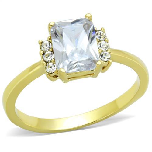 TK1876 IP Gold Stainless Steel Ring featuring a AAA Grade clear CZ stone, showcasing its elegant design and luxurious finish.