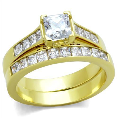 TK1895 IP Gold Stainless Steel Ring featuring a clear AAA Grade CZ stone, showcasing its elegant design and luxurious finish.