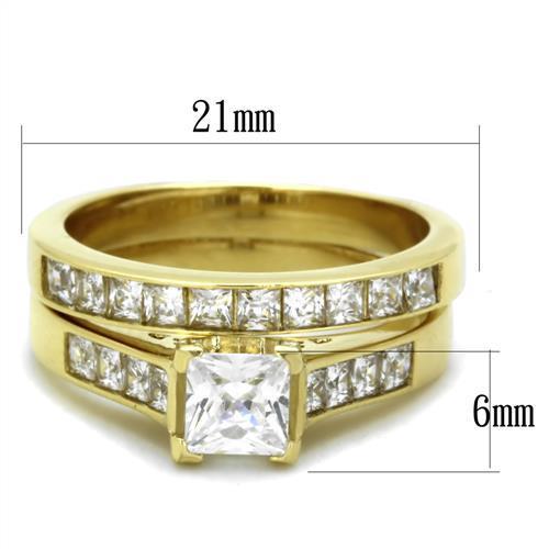 TK1895 IP Gold Stainless Steel Ring featuring a clear AAA Grade CZ stone, showcasing its elegant design and luxurious finish.