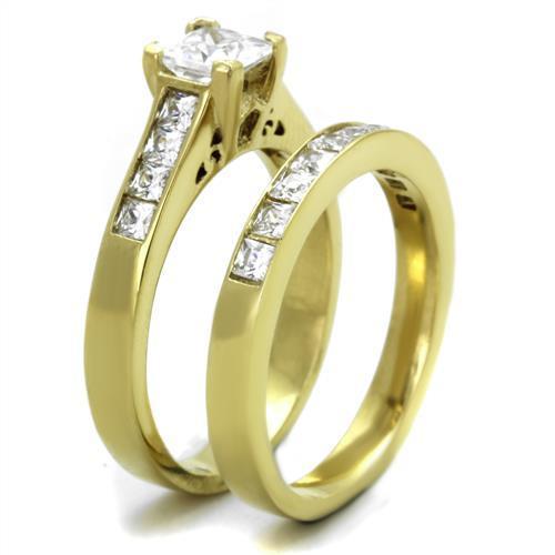 TK1895 IP Gold Stainless Steel Ring featuring a clear AAA Grade CZ stone, showcasing its elegant design and luxurious finish.