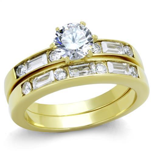 TK1897 IP Gold Stainless Steel Ring featuring a clear AAA Grade CZ stone, showcasing its elegant design and luxurious finish.