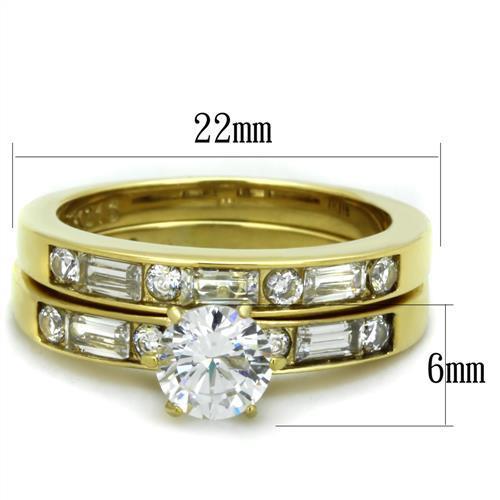 TK1897 IP Gold Stainless Steel Ring featuring a clear AAA Grade CZ stone, showcasing its elegant design and luxurious finish.