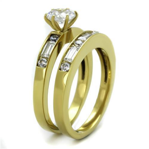 TK1897 IP Gold Stainless Steel Ring featuring a clear AAA Grade CZ stone, showcasing its elegant design and luxurious finish.