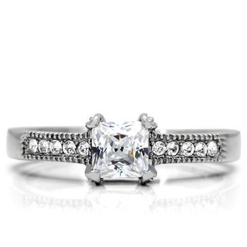 TK199 High Polished Stainless Steel Ring featuring AAA Grade clear CZ center stone, showcasing its elegant design and shine.