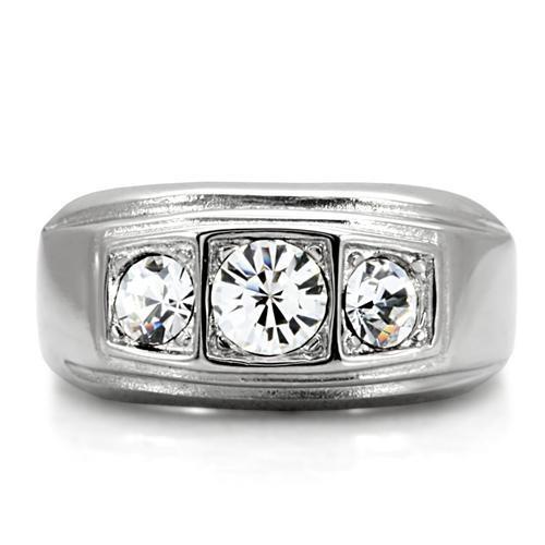 TK119 High Polished Stainless Steel Ring featuring a clear top grade crystal centerpiece, showcasing a sleek and modern design.