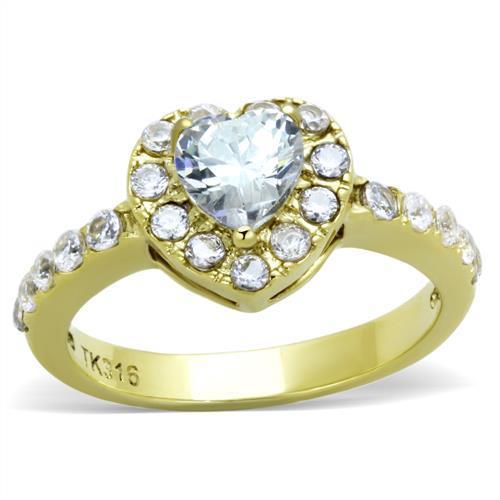 TK1900 IP Gold Stainless Steel Ring featuring a clear AAA Grade CZ center stone, showcasing its elegant design and luxurious finish.