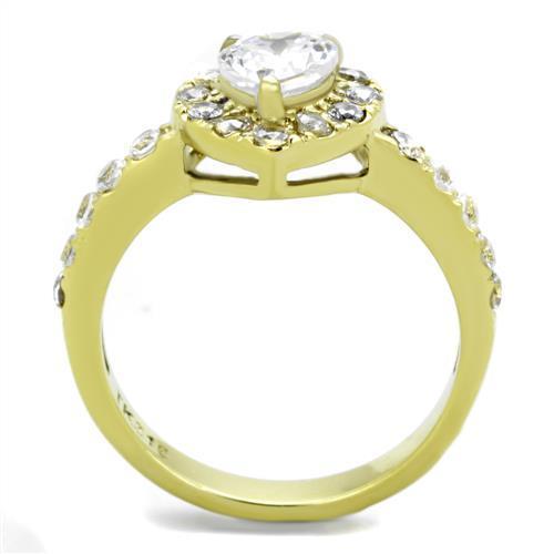 TK1900 IP Gold Stainless Steel Ring featuring a clear AAA Grade CZ center stone, showcasing its elegant design and luxurious finish.