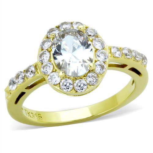 TK1901 IP Gold Stainless Steel Ring featuring AAA Grade CZ, showcasing its elegant design and clear center stone.