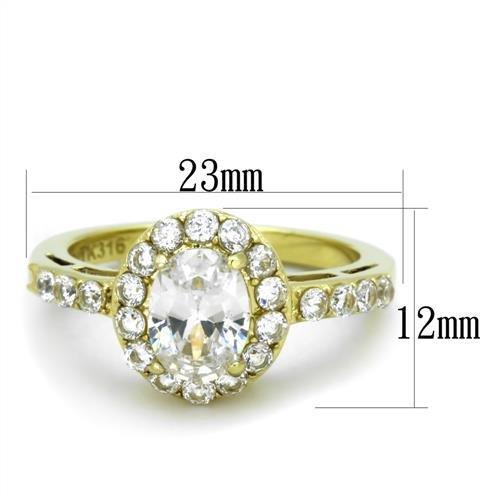 TK1901 IP Gold Stainless Steel Ring featuring AAA Grade CZ, showcasing its elegant design and clear center stone.