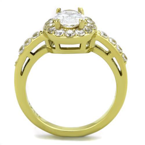 TK1901 IP Gold Stainless Steel Ring featuring AAA Grade CZ, showcasing its elegant design and clear center stone.