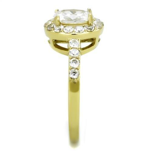 TK1901 IP Gold Stainless Steel Ring featuring AAA Grade CZ, showcasing its elegant design and clear center stone.