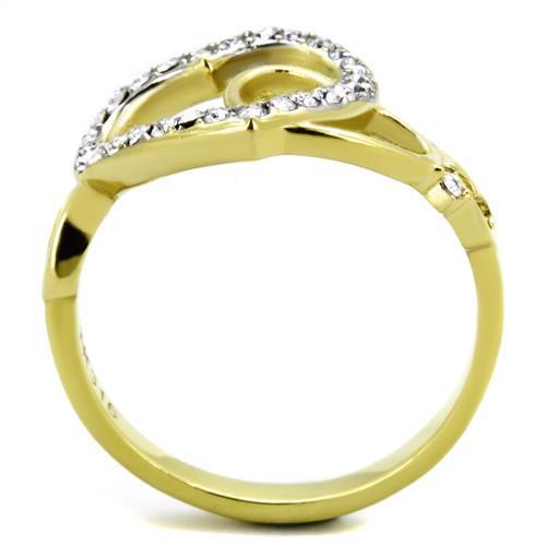 TK1908 Two-Tone IP Gold Stainless Steel Ring featuring a clear top-grade crystal, showcasing its elegant design and luxurious finish.