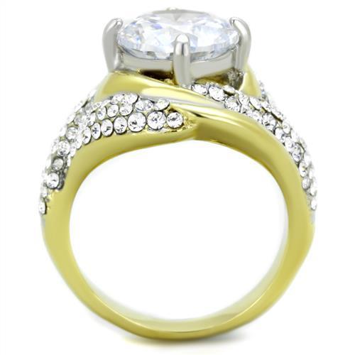 TK1910 Two-Tone IP Gold Stainless Steel Ring featuring a clear AAA grade cubic zirconia stone, showcasing elegance and durability.