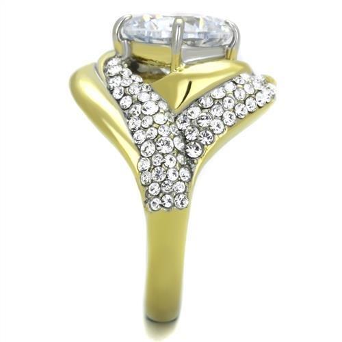 TK1910 Two-Tone IP Gold Stainless Steel Ring featuring a clear AAA grade cubic zirconia stone, showcasing elegance and durability.