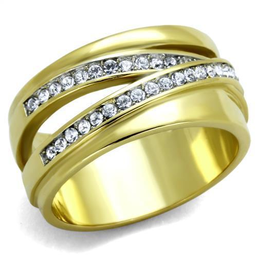 TK1914 Two-Tone IP Gold Stainless Steel Ring featuring a clear top-grade crystal centerpiece, showcasing a luxurious and elegant design.