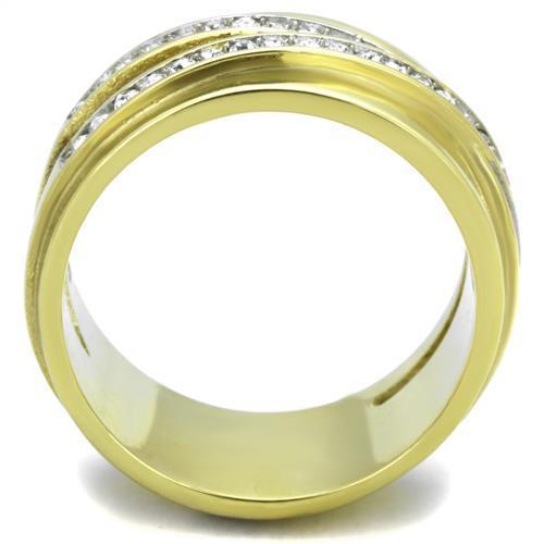 TK1914 Two-Tone IP Gold Stainless Steel Ring featuring a clear top-grade crystal centerpiece, showcasing a luxurious and elegant design.