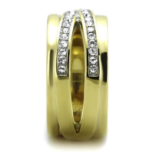 TK1914 Two-Tone IP Gold Stainless Steel Ring featuring a clear top-grade crystal centerpiece, showcasing a luxurious and elegant design.