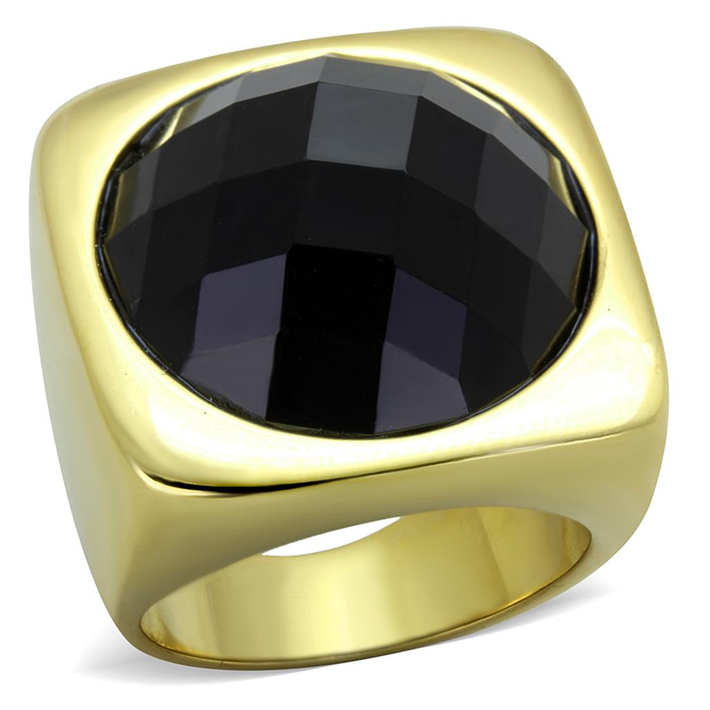 TK1925 IP Gold Stainless Steel Ring featuring a jet synthetic stone, showcasing a luxurious design and elegant finish.