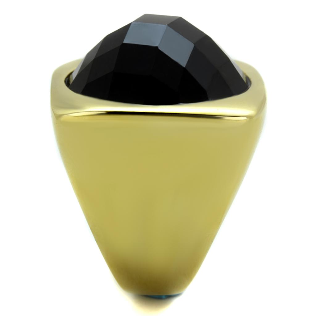 TK1925 IP Gold Stainless Steel Ring featuring a jet synthetic stone, showcasing a luxurious design and elegant finish.