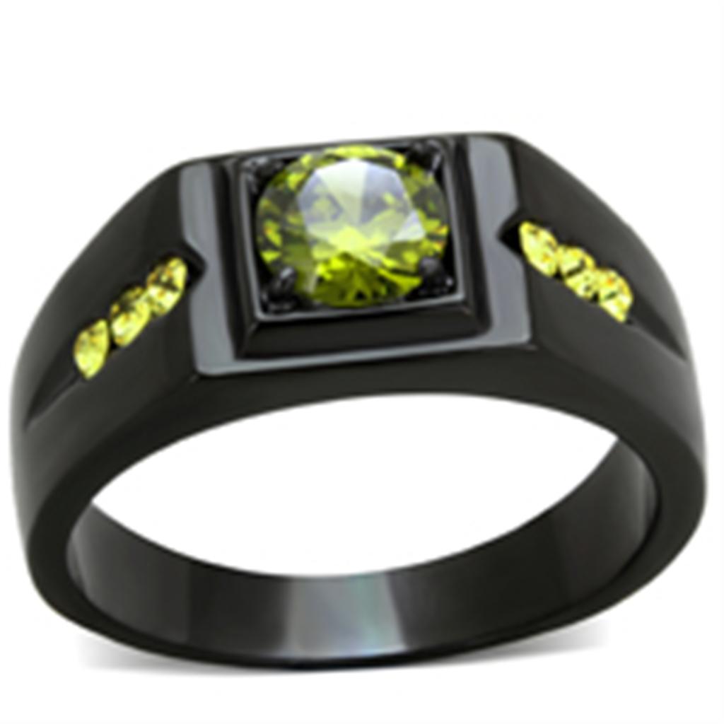 TK1928 IP Black Stainless Steel Ring featuring AAA Grade CZ stone in olivine color, showcasing a modern and elegant design.