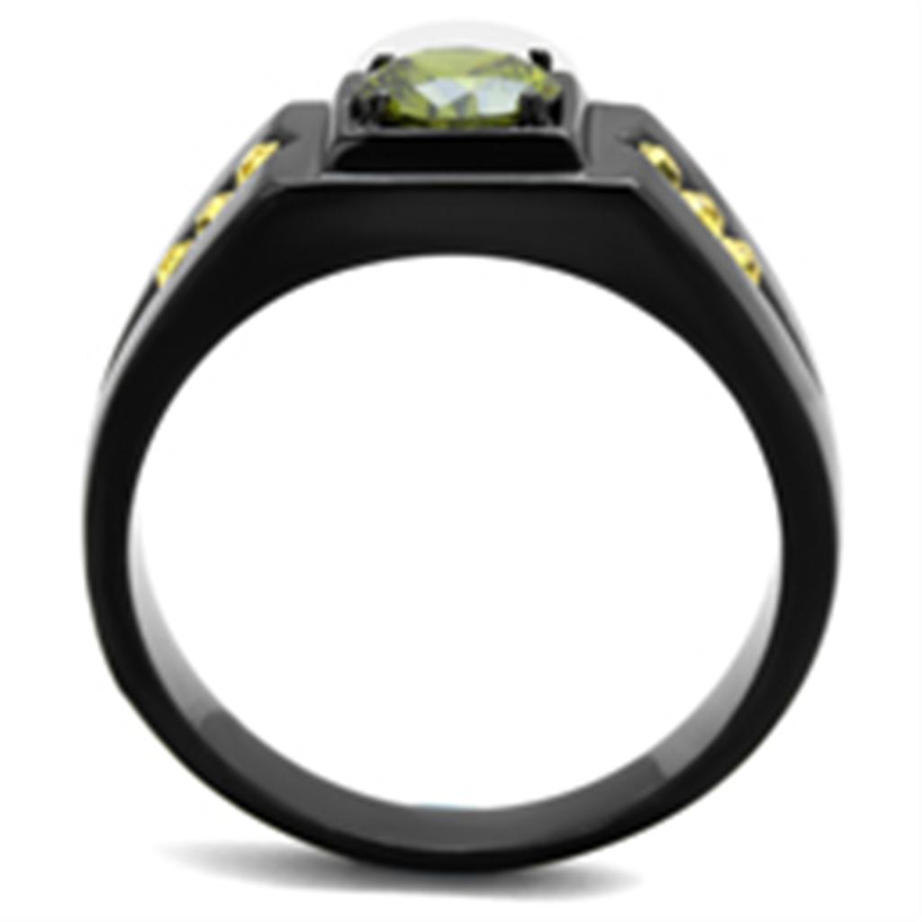 TK1928 IP Black Stainless Steel Ring featuring AAA Grade CZ stone in olivine color, showcasing a modern and elegant design.