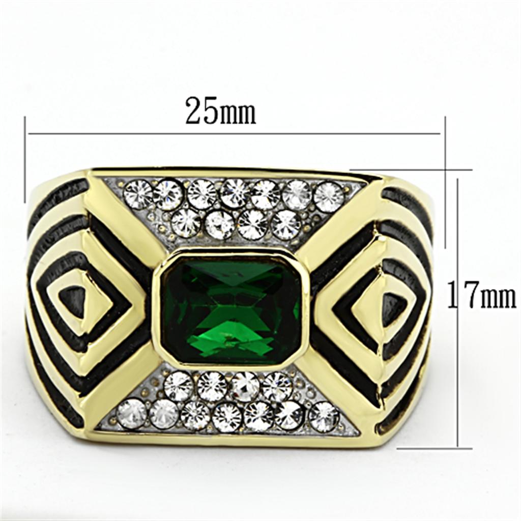 TK1195 Two-Tone IP Gold Stainless Steel Ring featuring a synthetic emerald stone, showcasing its elegant design and durable finish.