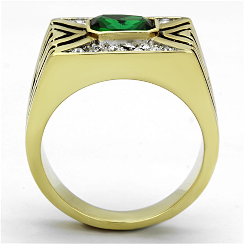 TK1195 Two-Tone IP Gold Stainless Steel Ring featuring a synthetic emerald stone, showcasing its elegant design and durable finish.