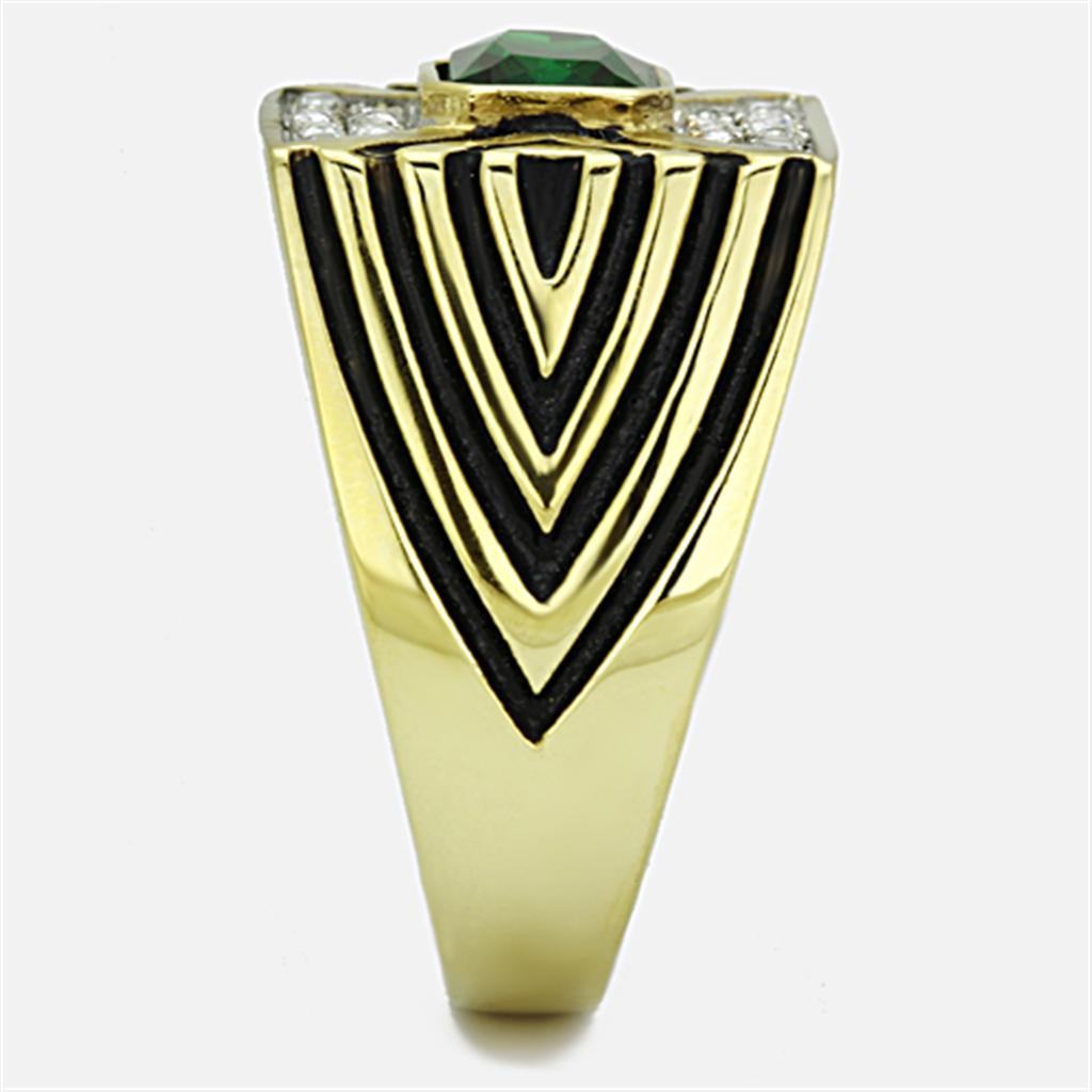 TK1195 Two-Tone IP Gold Stainless Steel Ring featuring a synthetic emerald stone, showcasing its elegant design and durable finish.