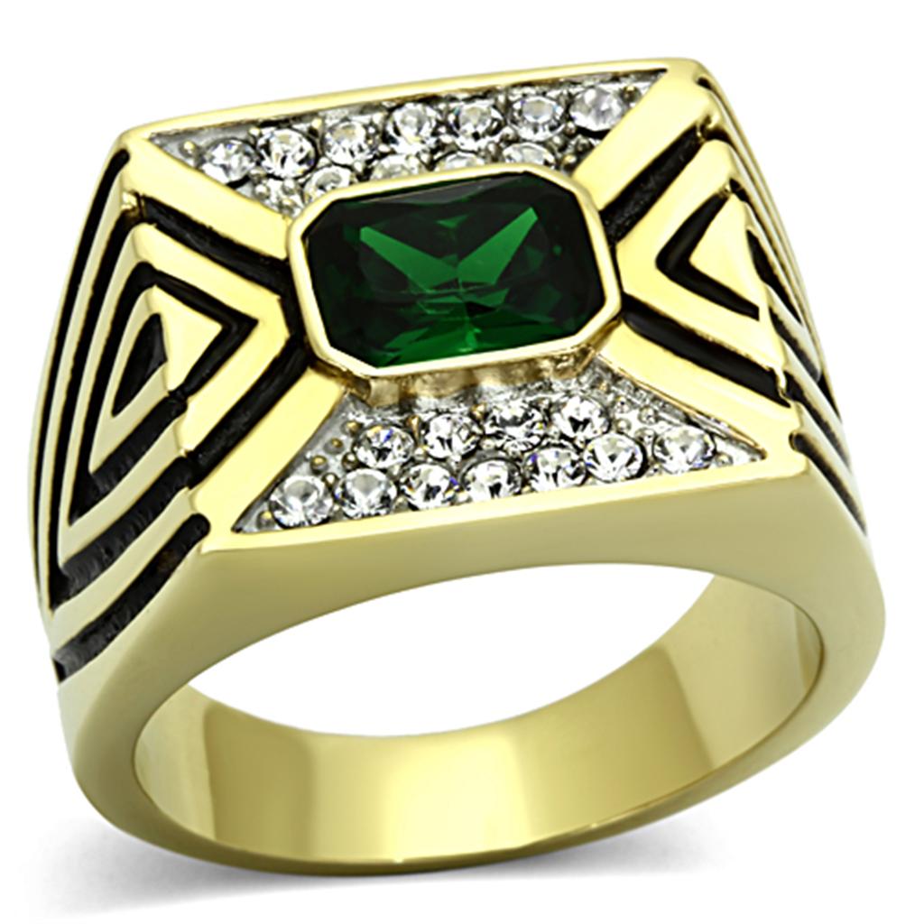 TK1195 Two-Tone IP Gold Stainless Steel Ring featuring a synthetic emerald stone, showcasing its elegant design and durable finish.