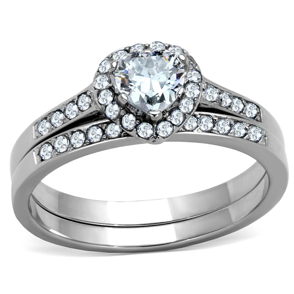 High polished stainless steel ring featuring a clear AAA grade cubic zirconia center stone, showcasing elegance and shine.