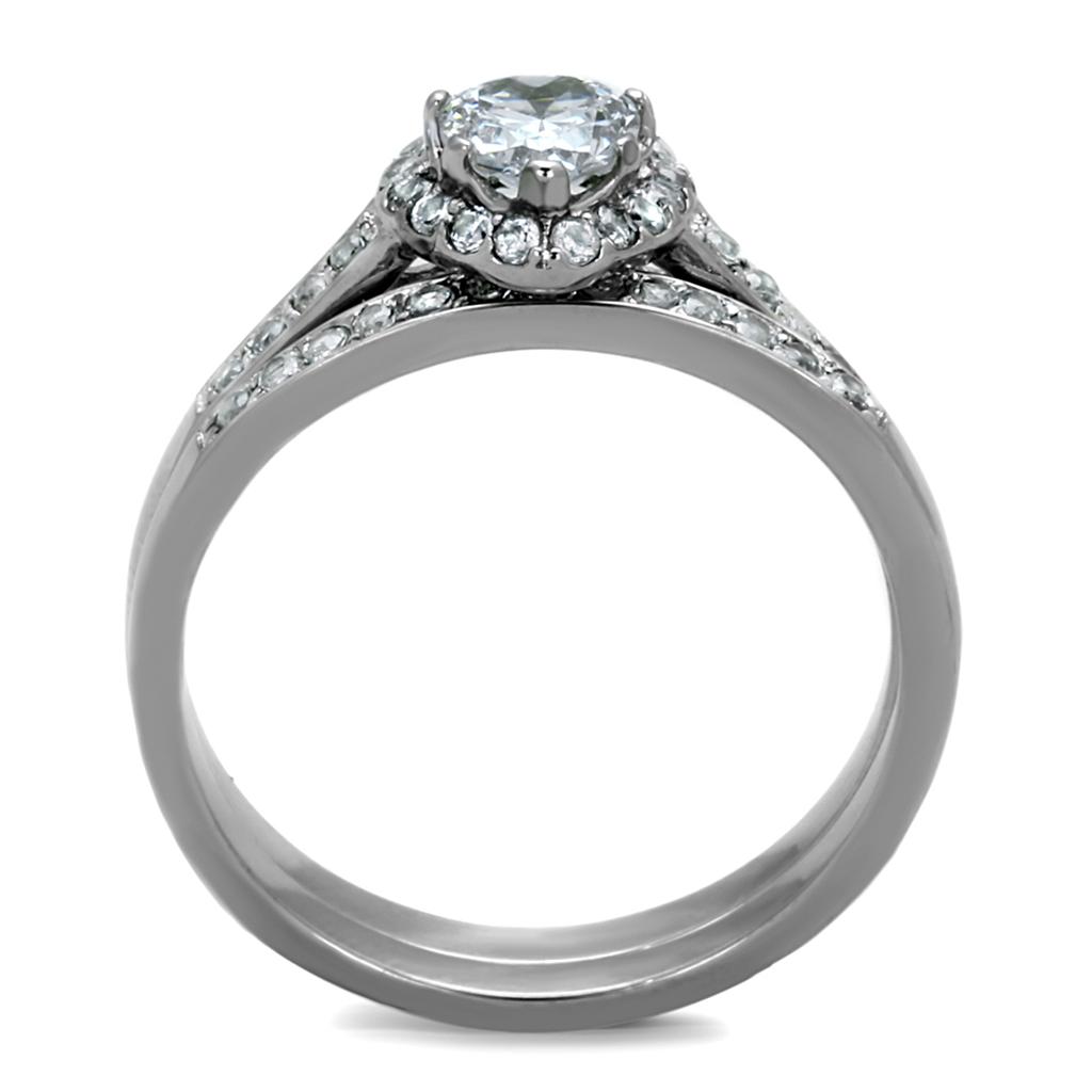 High polished stainless steel ring featuring a clear AAA grade cubic zirconia center stone, showcasing elegance and shine.