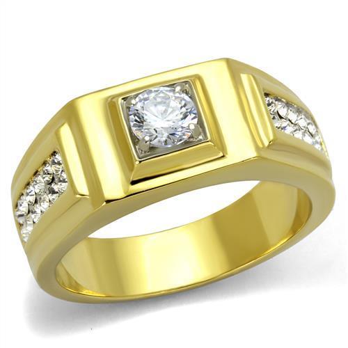 TK2222 Two-Tone IP Gold Stainless Steel Ring featuring a clear AAA grade CZ stone, showcasing a luxurious and elegant design.