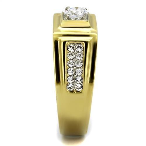 TK2222 Two-Tone IP Gold Stainless Steel Ring featuring a clear AAA grade CZ stone, showcasing a luxurious and elegant design.