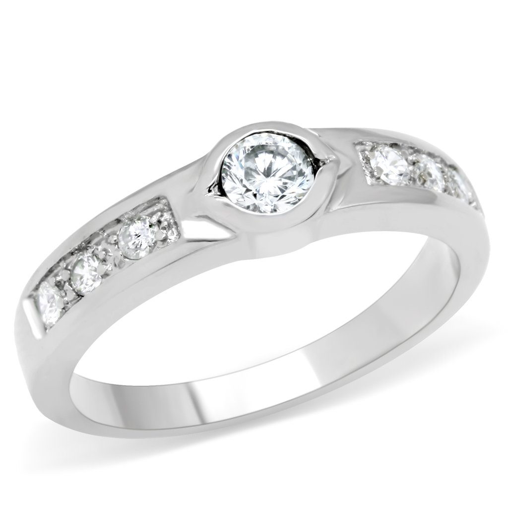 TK200 High Polished Stainless Steel Ring featuring a clear AAA Grade CZ stone, showcasing its elegant design and shiny finish.