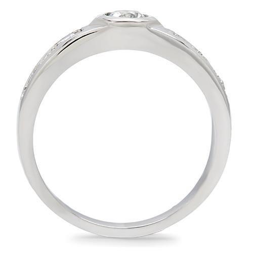 TK200 High Polished Stainless Steel Ring featuring a clear AAA Grade CZ stone, showcasing its elegant design and shiny finish.