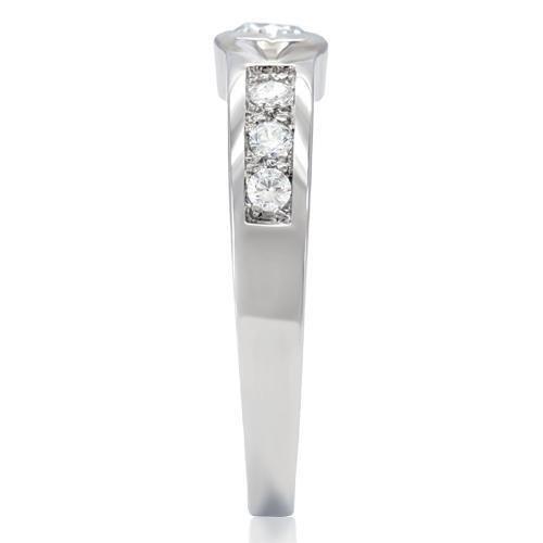 TK200 High Polished Stainless Steel Ring featuring a clear AAA Grade CZ stone, showcasing its elegant design and shiny finish.