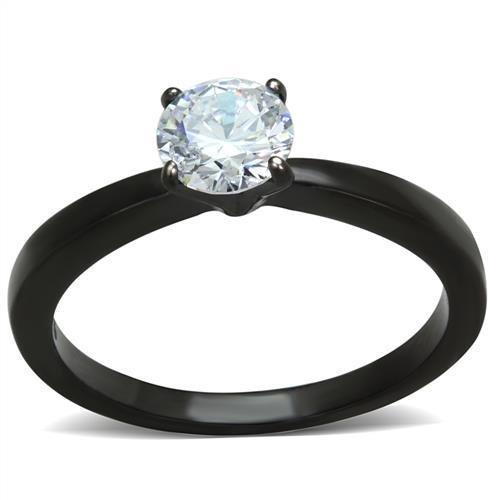 TK2013 IP Black Stainless Steel Ring featuring AAA Grade CZ, showcasing its elegant design and clear stone.