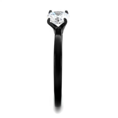 TK2013 IP Black Stainless Steel Ring featuring AAA Grade CZ, showcasing its elegant design and clear stone.