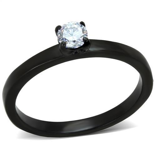 TK2016 IP Black Stainless Steel Ring featuring AAA Grade CZ, showcasing its sleek design and clear center stone.