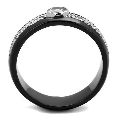 TK2019 Two-Tone IP Black Stainless Steel Ring featuring a clear AAA grade CZ stone, showcasing a modern and elegant design.