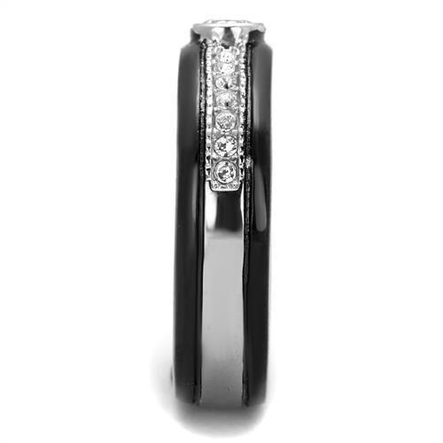 TK2019 Two-Tone IP Black Stainless Steel Ring featuring a clear AAA grade CZ stone, showcasing a modern and elegant design.